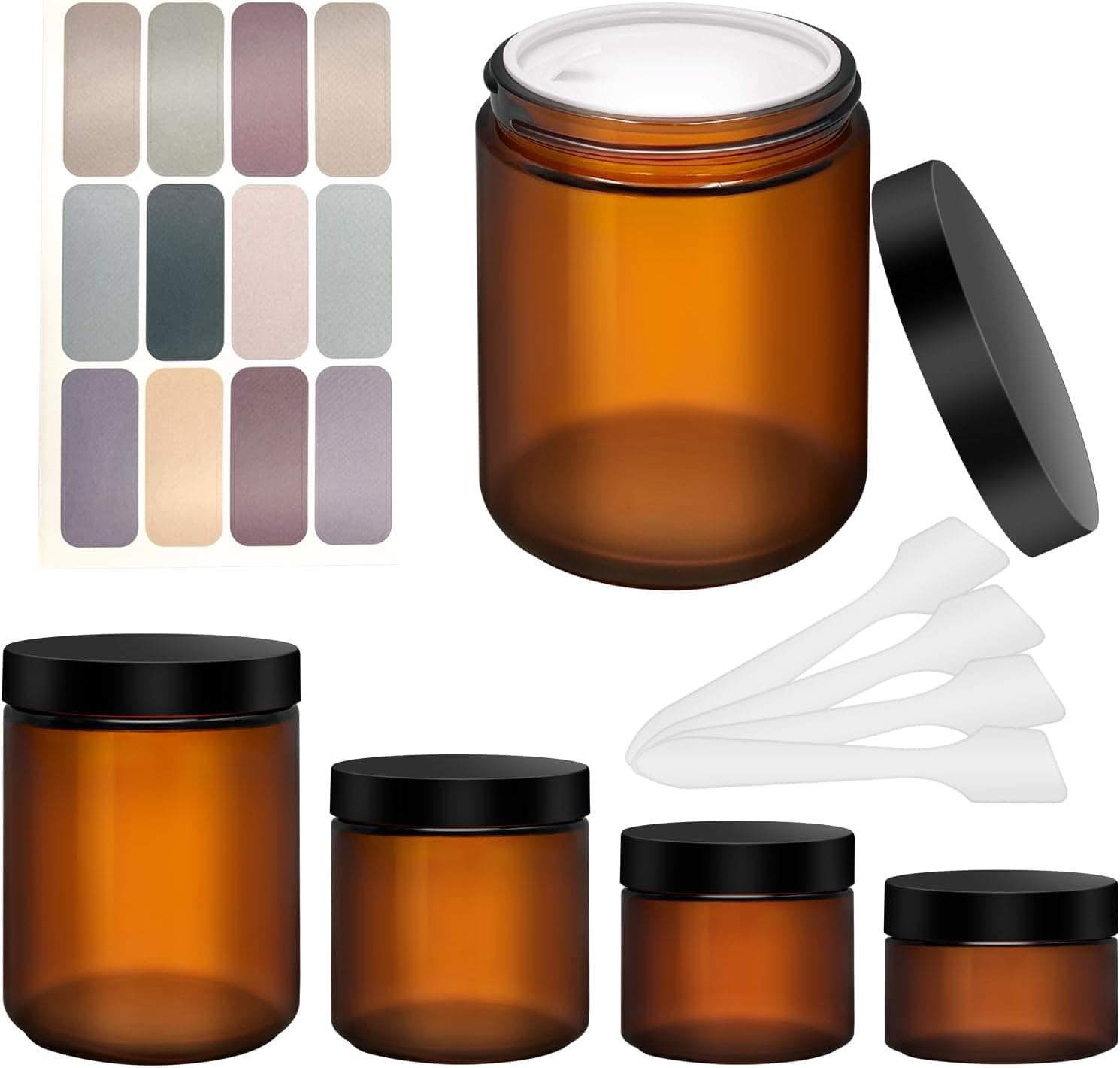 Amber Glass Jar with Lids Kit, 8oz 4oz 2oz 1oz Reusable Dark Glass Jars with Stickers and 4 Spatulas, 4 Pcs