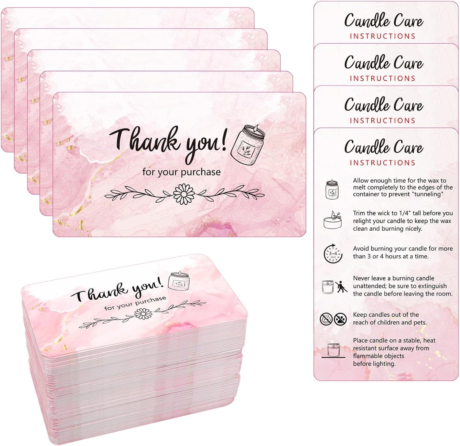 BLSUREFYX 270 PCS Handmade Candle Care Instruction Cards, 3.5 x 2 Inches, Scented Candles Certified Cards for Candle Makers, Romantic Pink