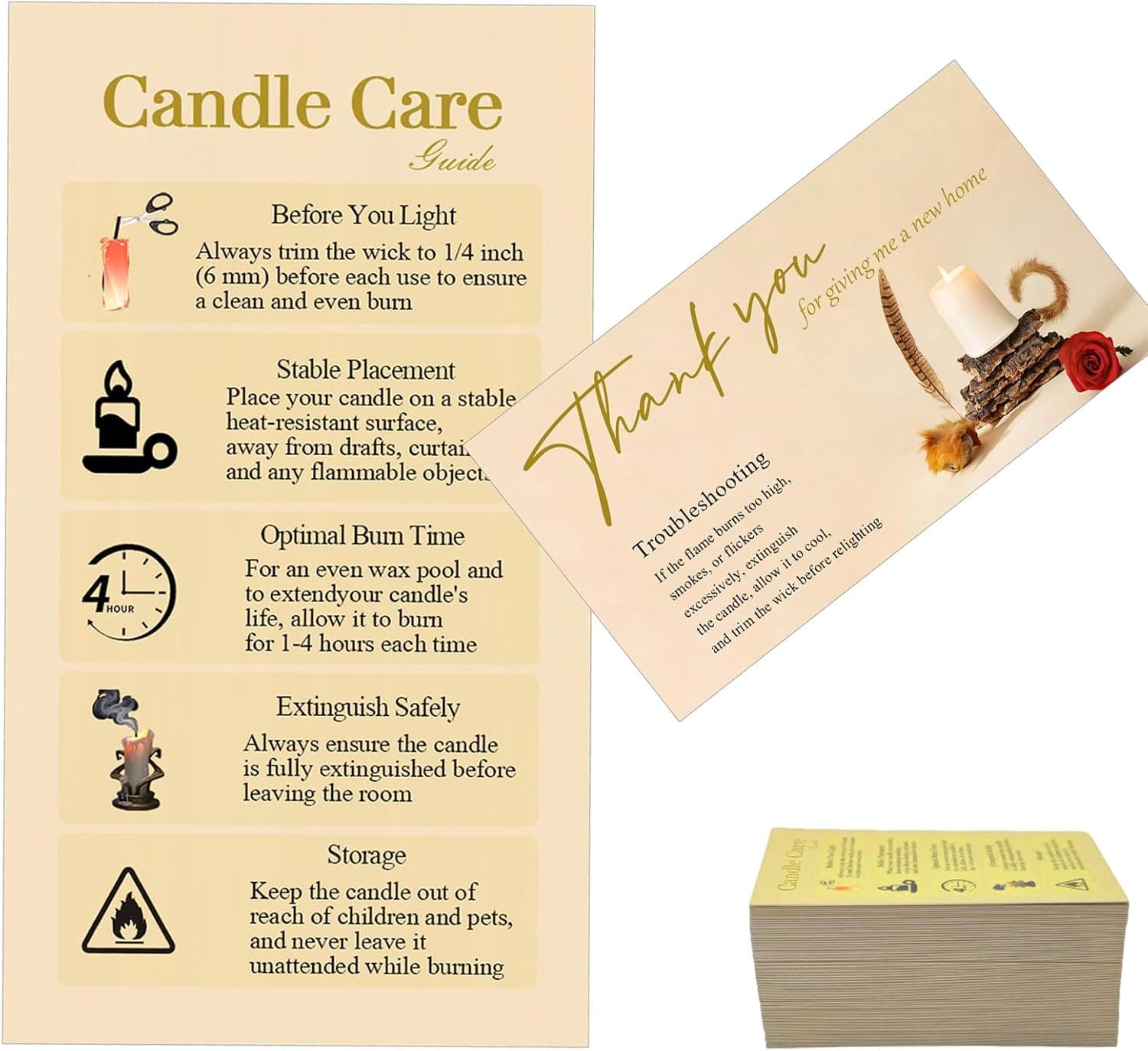 110 PCS Handmade Candle Care Instruction Card with Storage Box, 3.5 x 2 in Business Card Size for Handmade Candle Makers (Horizontal)
