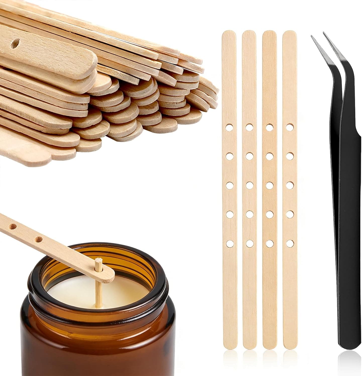 150Pcs Wooden Candle Wick Holders with Tweezers, Wicks Bars Wax Stick Clips Center Tool