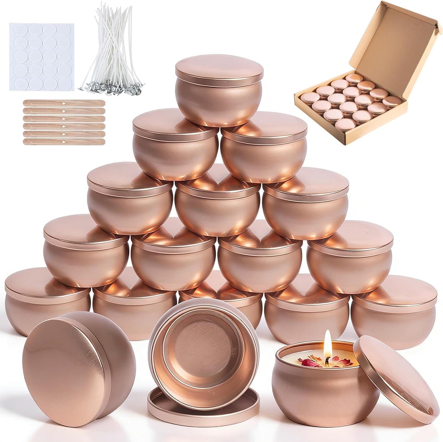 Candle Tins with Lids, 16 Pcs Empty Candle Tins, Metal Candle Jars with Wicks, Wick Holders and Stickers, Rose Gold