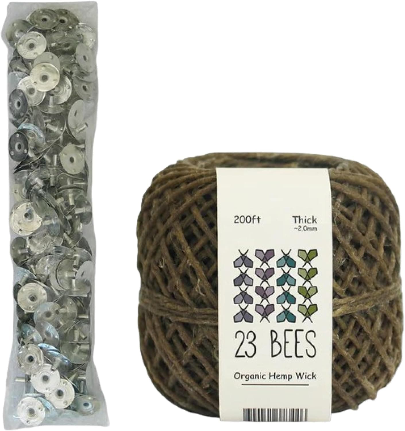 23 Bees 100% Organic Hemp Candle Wick 2.0mm Thick plus 200pcs Wick Sustainer Tabs, 200ft Spool with Natural Beeswax Coating