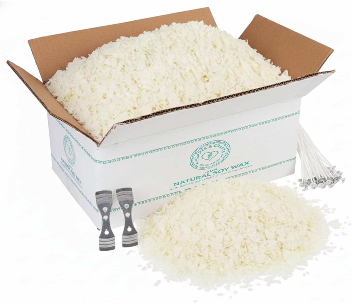 Hearts and Crafts Soy Candle Wax Kit, 10 lb Wax Flakes with 100 Cotton Wicks and 2 Wick Holders