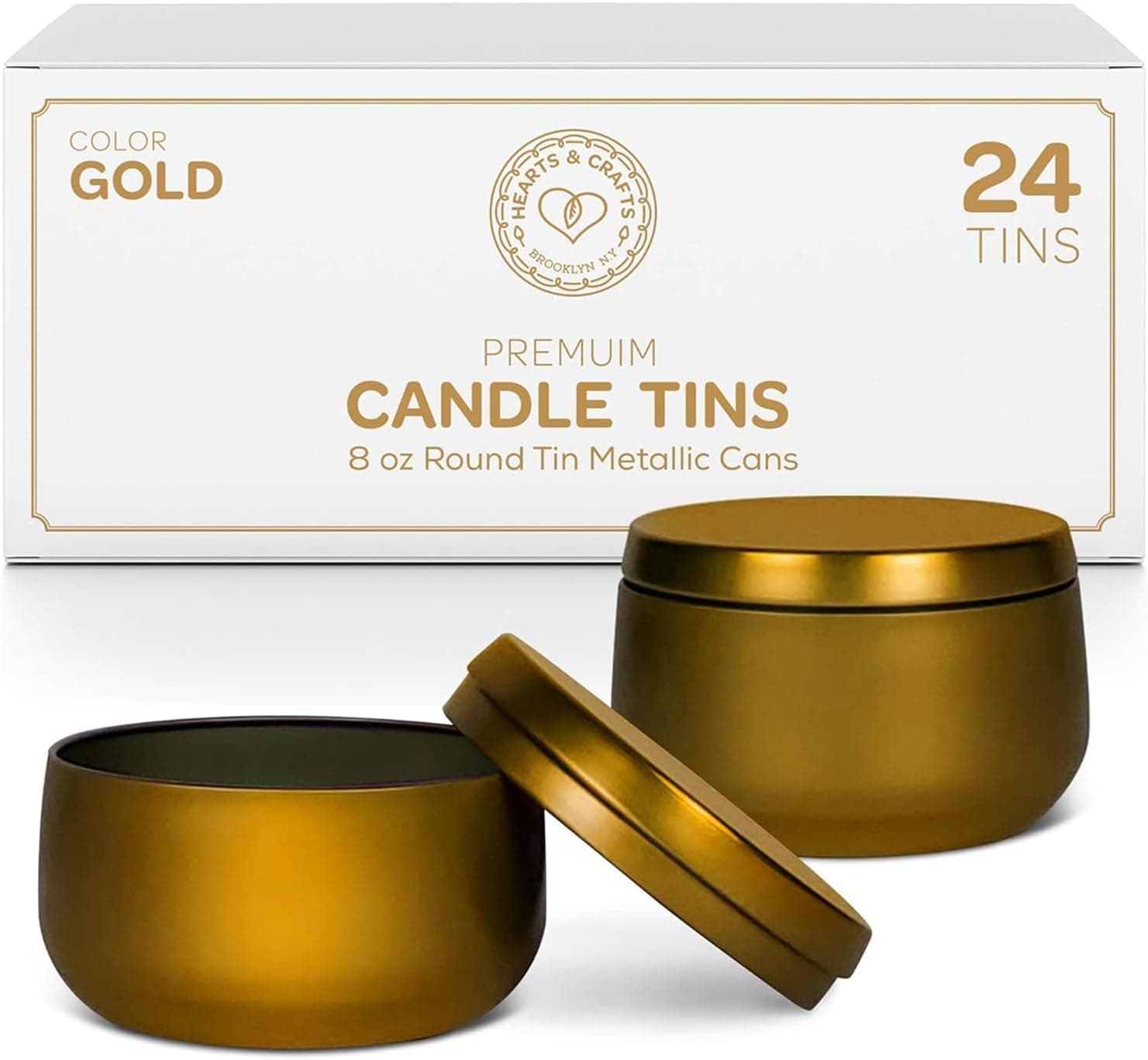 Hearts and Crafts 24-Pack of Round Metal Candle Jars with Lids - 8oz Candle Making Supplies for DIY Crafts, Gold