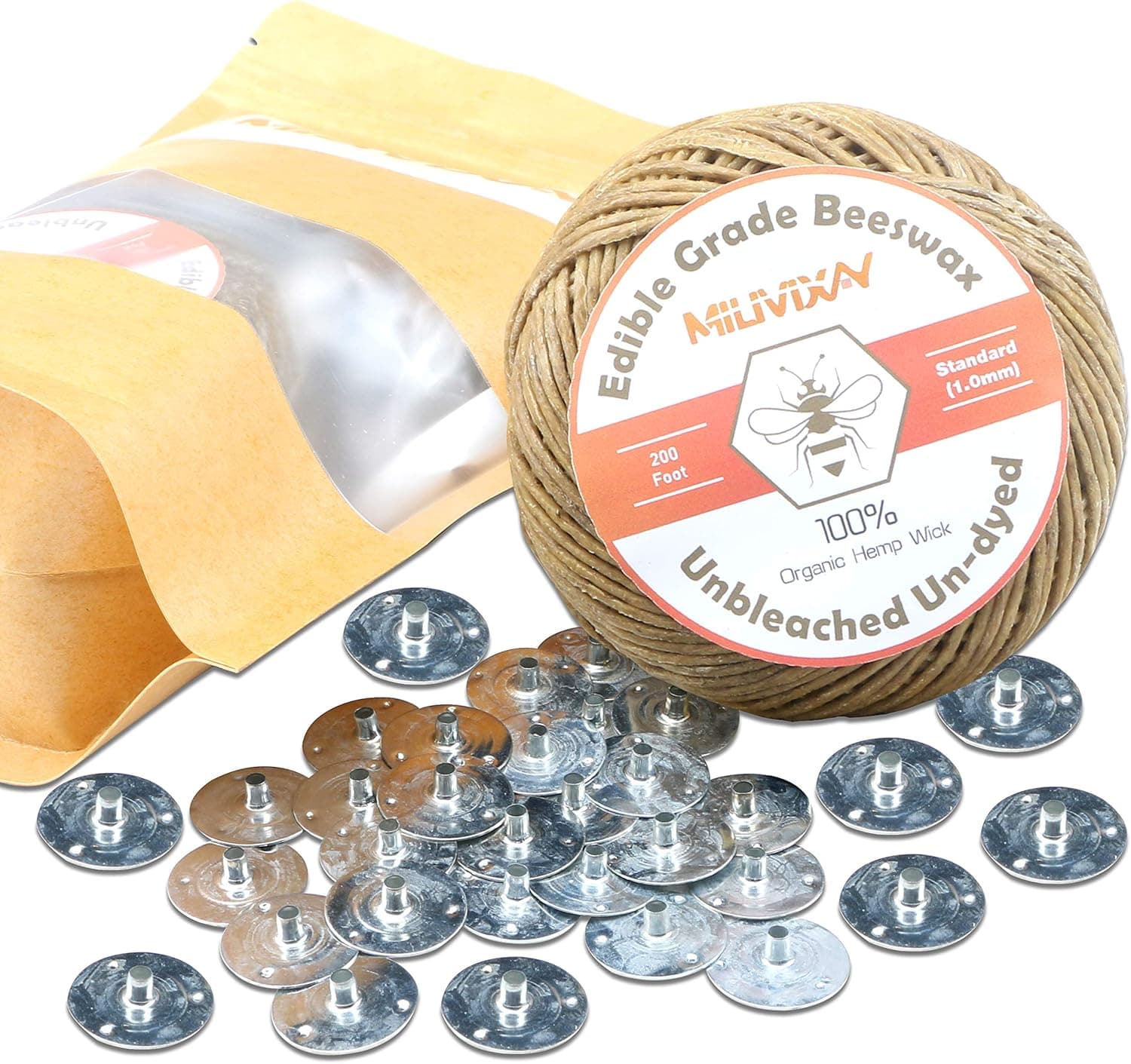 MILIVIXAY 100% Organic Hemp Candle Wick with Natural Beeswax Coating, 200 FT Spool, Standard Size 1.0mm plus Wick Sustainer Tabs 200PCS