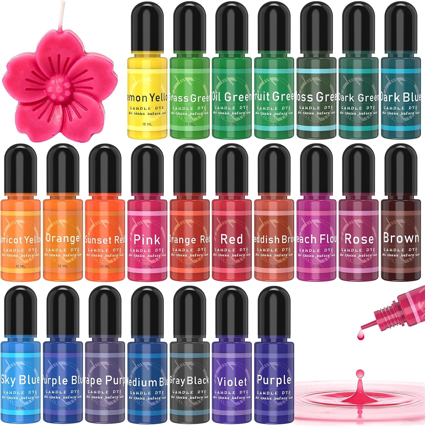 Candle Dye - 24 Colors Liquid Candle Making Dye for DIY Candle Making Supplies Kit, Food Grade Ingredients Oil-Based Candle Coloring for Soy Wax Dyes, Beeswax, Gel Wax, Paraffin Wax - Each 0.35oz/10ml