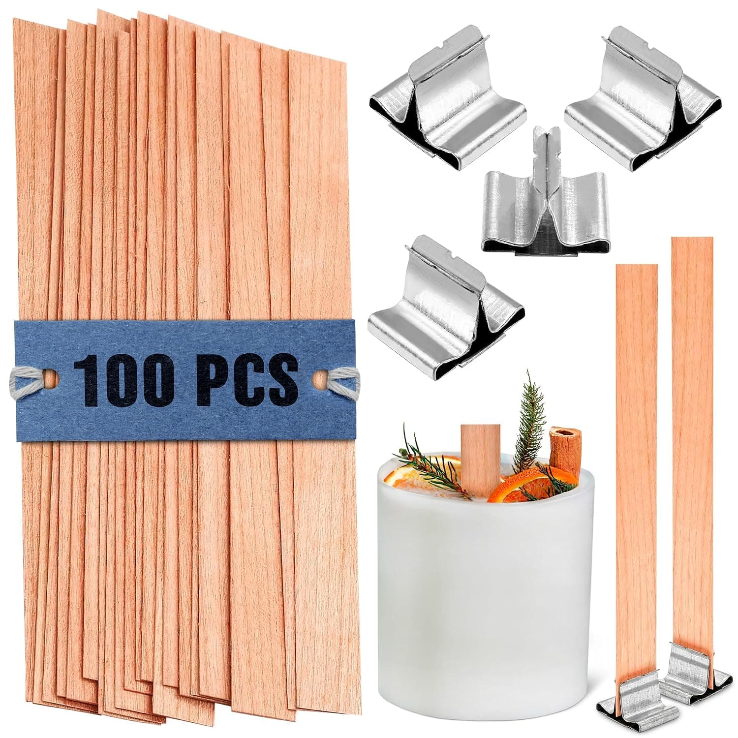 Wood Wicks for Candlemaking 100 Pcs (50 Sets) - Long Wooden Wicks 5 x 0.52 Inch with Metal Stands