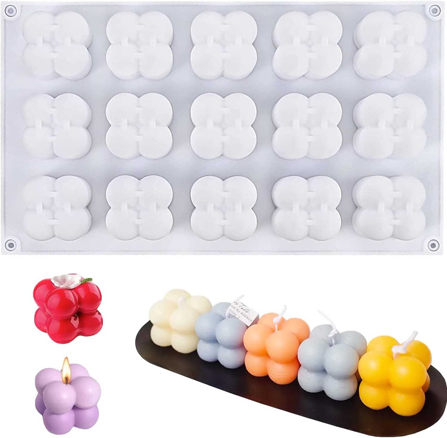 SILICANDO Bubble Candle Silicone Mold, 15 in 1 Handmade Soy Wax Mold, 3D Mini Bubble Cube Ball Resin Candle Mold, Mousse Cake Mold for Soap, Pudding, Cake