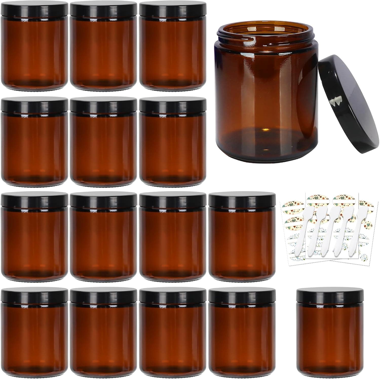 8 oz Amber Glass Jars with Lids, 15 Pack Empty Glass Storage Containers for DIY Candle Making with Plastic Airtight Lids