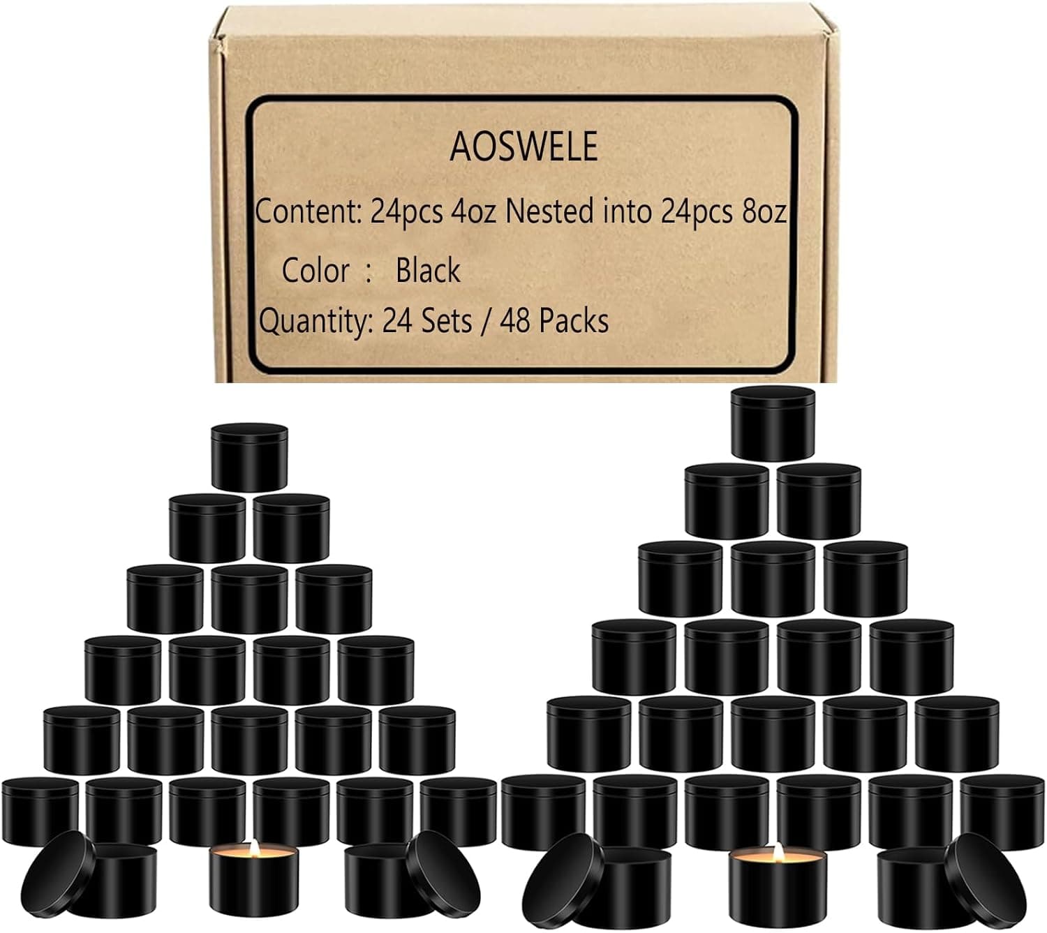AOSWELE 48 PCS Candle Jars Bulk, 24 PCS 4 OZ and 24 PCS 8 OZ Premium Empty Matte Black Candle Tins with Lids